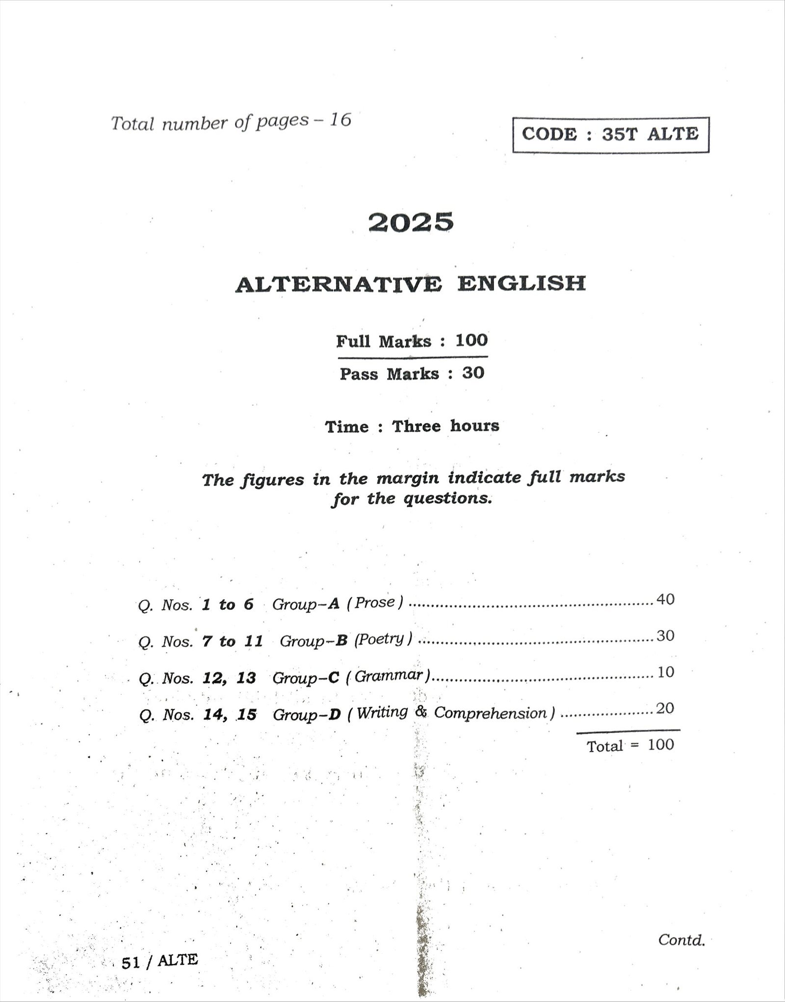 Assam HS Class 12 Alternative English Question Paper 2025